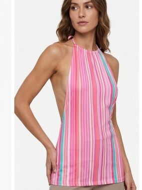SHEIN Pink, Teal & White Striped Halter Mini Dress